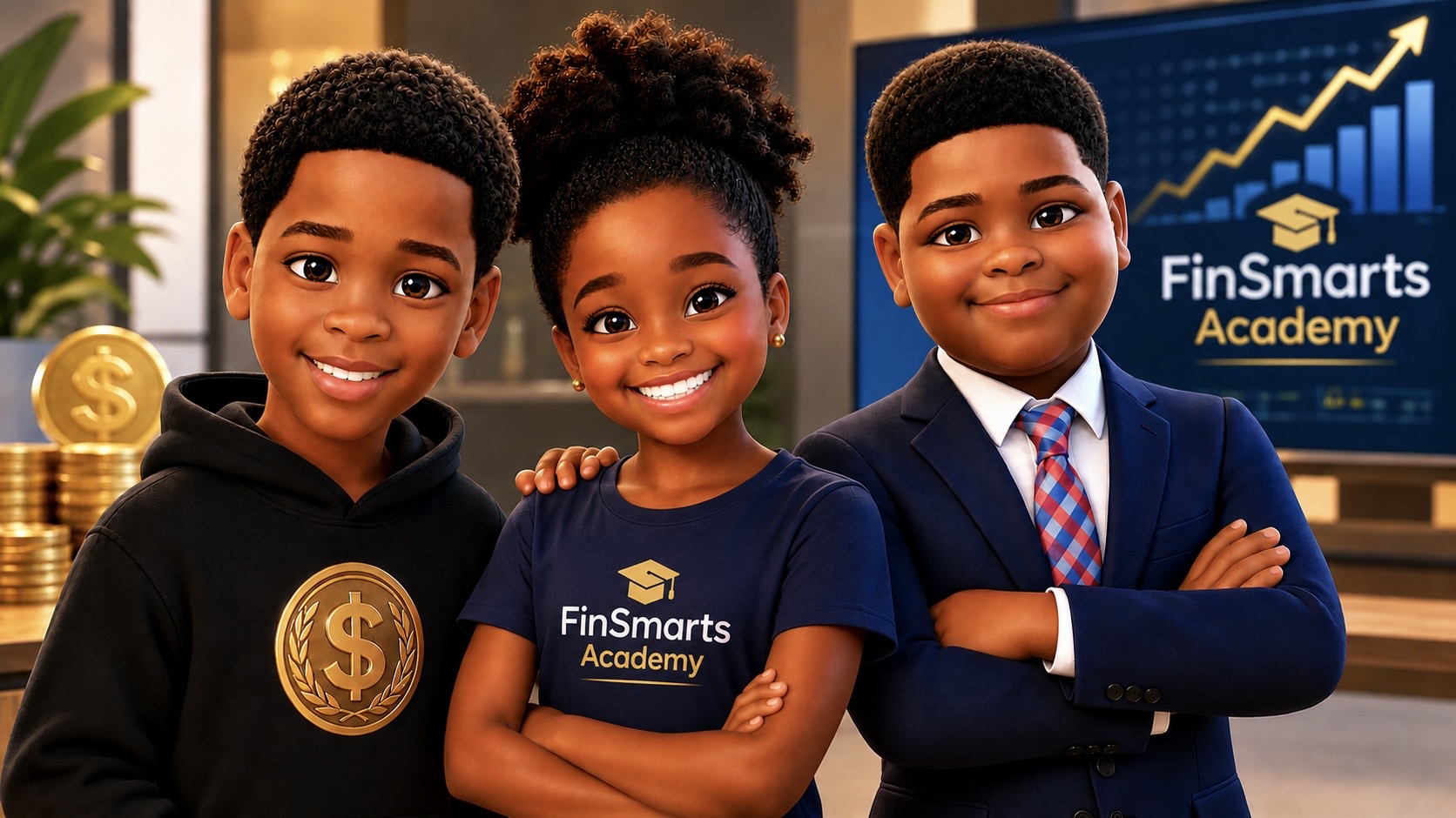 Three young FinSmarts Academy students smiling in front of a financial growth chart